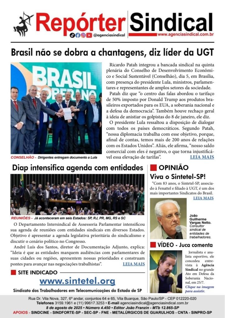 Capa do Repórter Sindical, edição 4.450: Brasil não se dobra a chantagens, diz líder da UGT