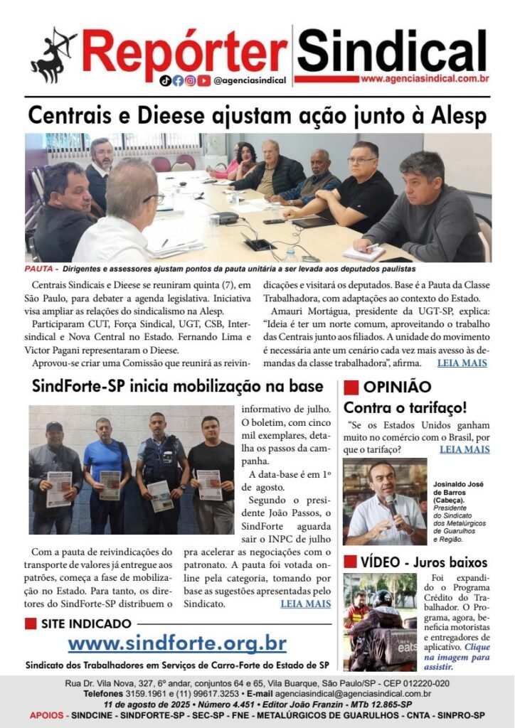 Capa do Repórter Sindical, edição 4.451: Centrais e Dieese ajustam ação junto à Alesp