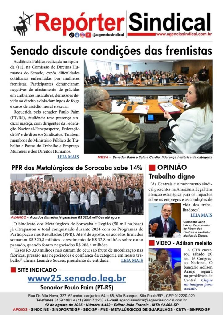 Capa do Repórter Sindical, edição 4.452: Senado discute condições das frentistas
