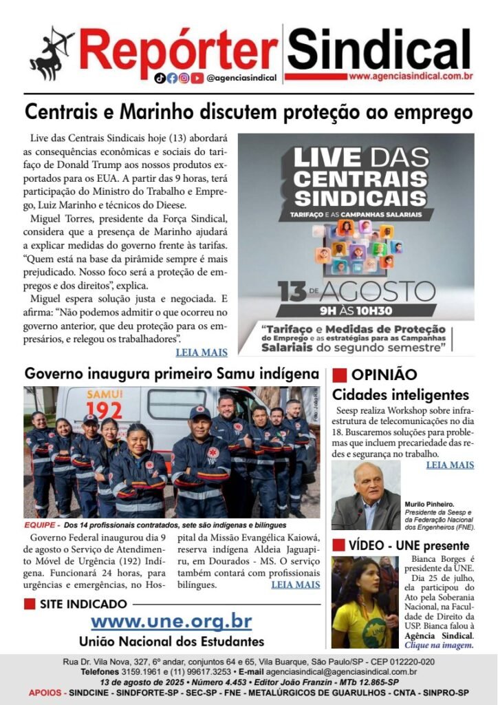 Capa do Repórter Sindical, edição 4.453: Centrais e Marinho discutem proteção ao emprego