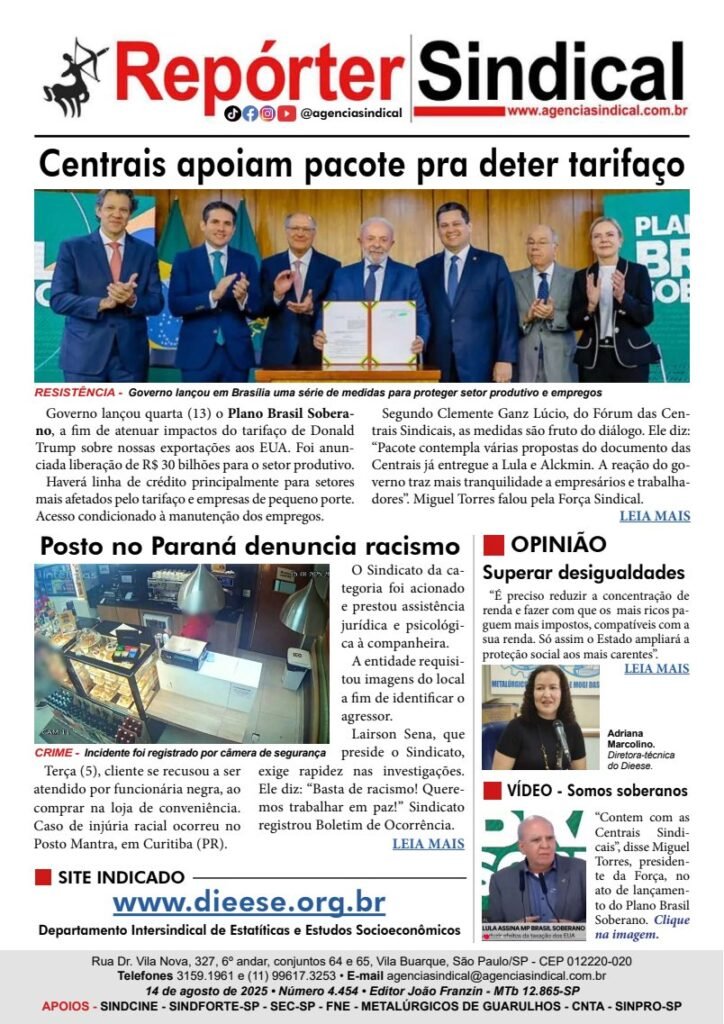 Capa do Repórter Sindical, edição 4.454: Centrais apoiam pacote pra deter tarifaço