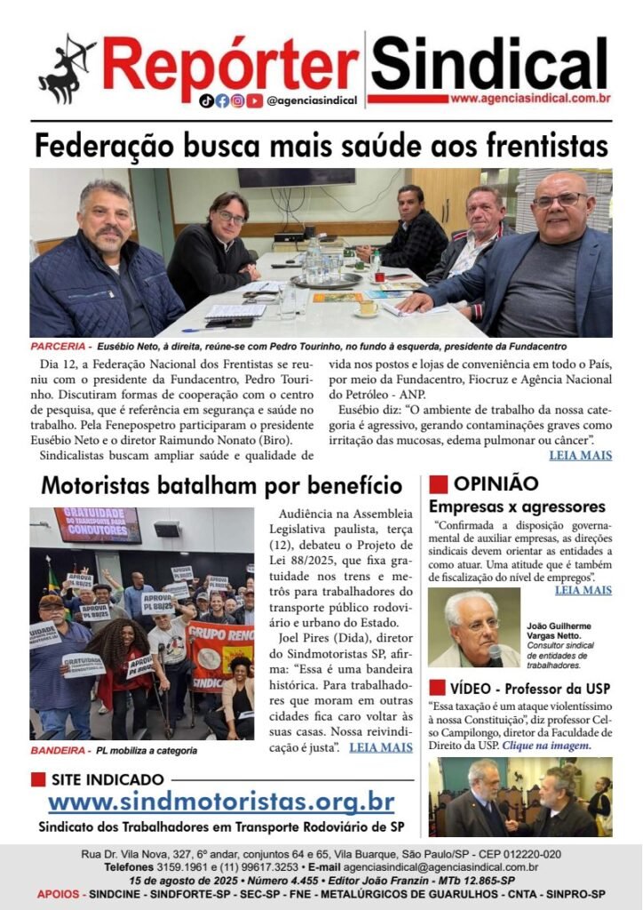 Capa do Repórter Sindical, edição 4.455: Federação busca mais saúde aos frentistas