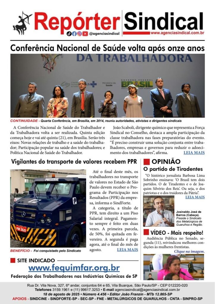 Capa do Repórter Sindical, edição 4.456: Conferência Nacional de Saúde volta após onze anos