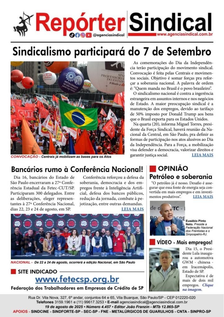Capa do Repórter Sindical, edição 4.457: Sindicalismo participará do 7 de Setembro