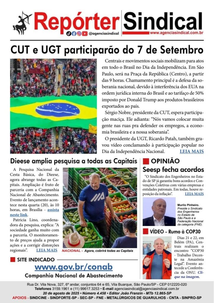 Capa do Repórter Sindical, edição 4.458: CUT e UGT participarão do 7 de Setembro