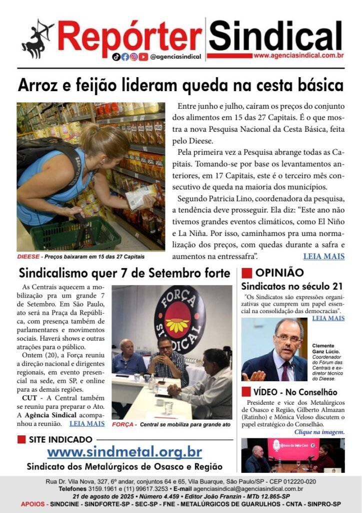 Capa do Repórter Sindical, edição 4.459: Arroz e feijão lideram queda na cesta básica