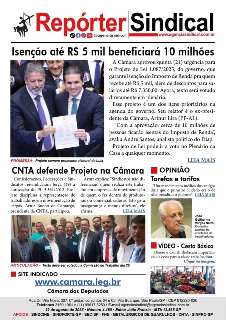 Capa do Repórter Sindical, edição 4.460: Isenção até R$ 5 mil beneficiará 10 milhões
