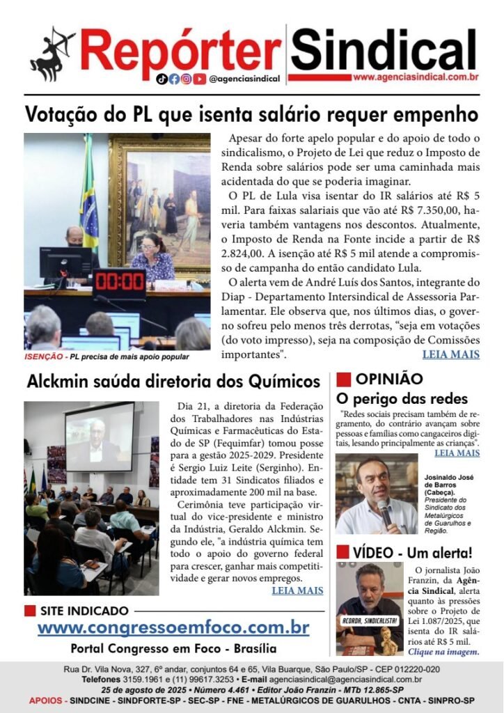 Capa do Repórter Sindical, edição 4.461: Votação do PL que isenta salário requer empenho