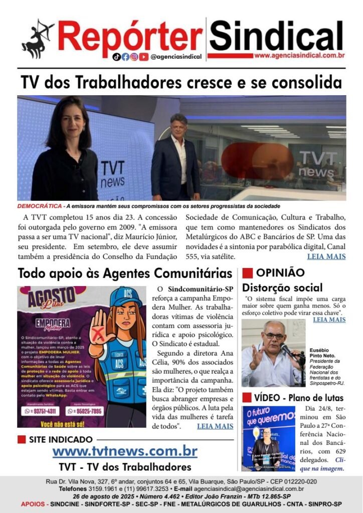 Capa do Repórter Sindical, edição 4.462: TV dos Trabalhadores cresce e se consolida