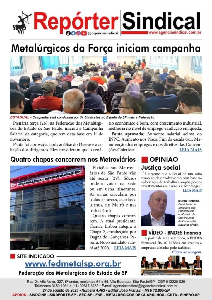 Capa do Repórter Sindical, edição 4.463: Metalúrgicos da Força iniciam campanha