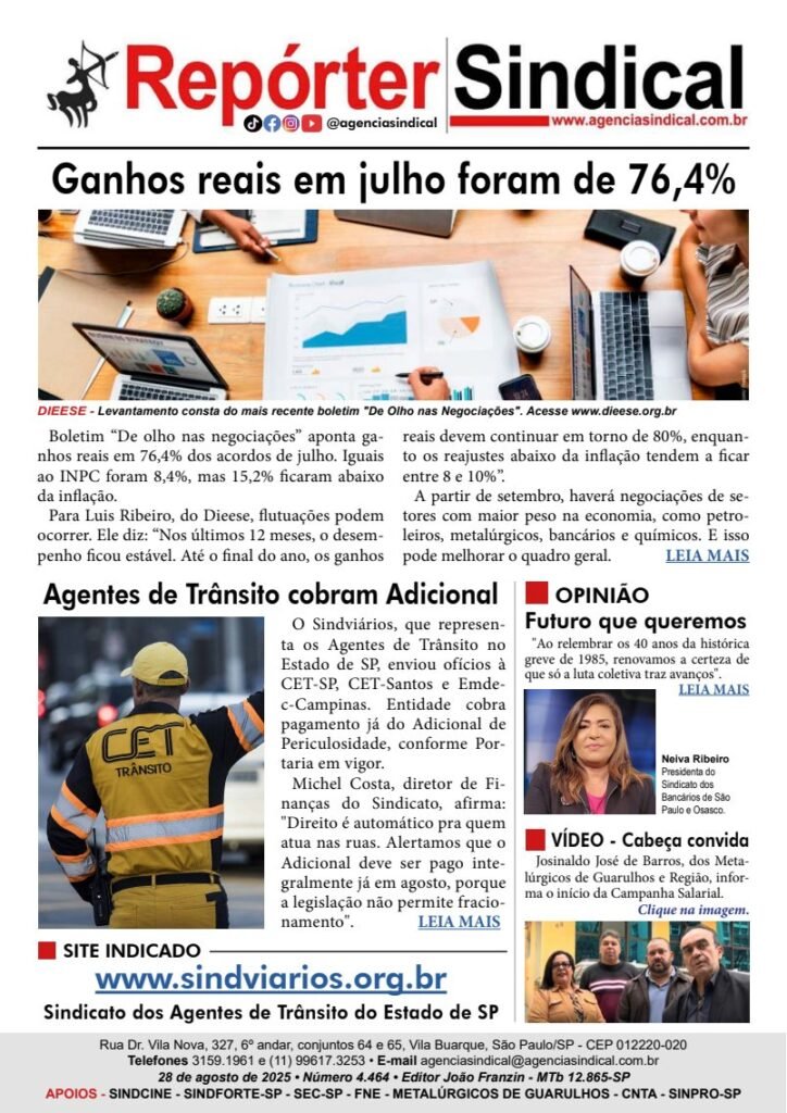 Capa do Repórter Sindical, edição 4.464: Ganhos reais em julho foram de 76,4%