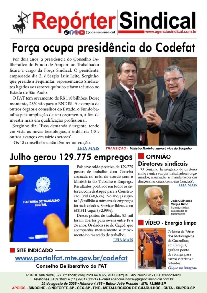 Capa do Repórter Sindical, edição 4.465: Força ocupa presidência do Codefat