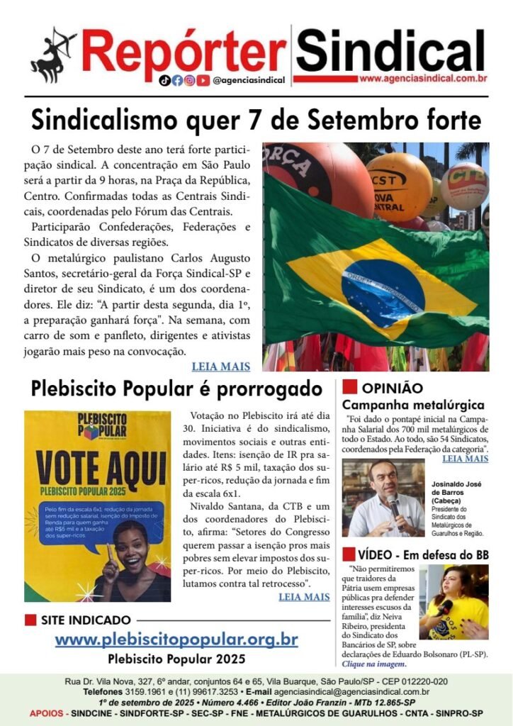 Capa do Repórter Sindical, edição 4.466: Sindicalismo quer 7 de Setembro forte