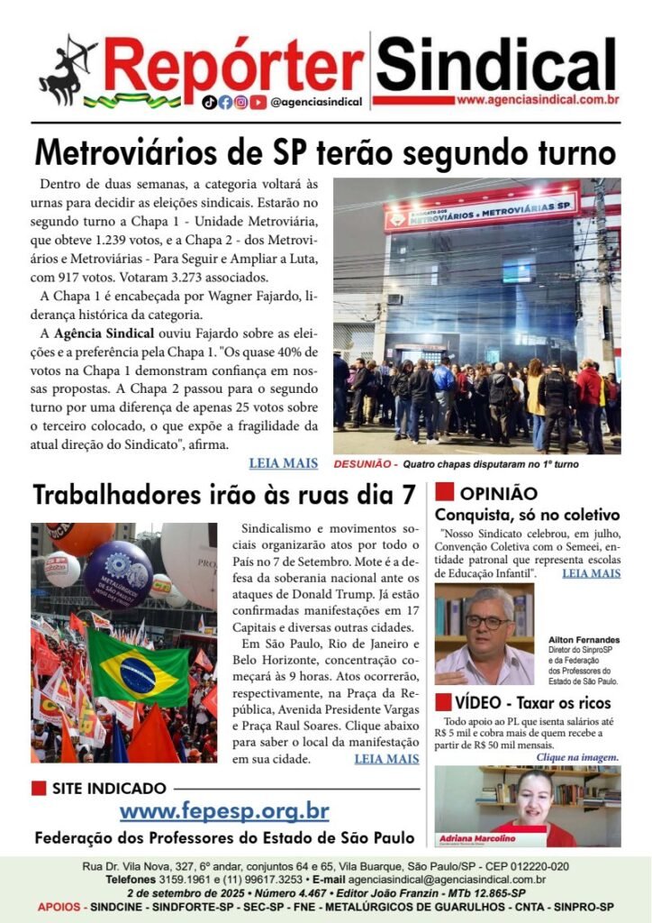 Capa do Repórter Sindical, edição 4.467: Metroviários de SP terão segundo turno