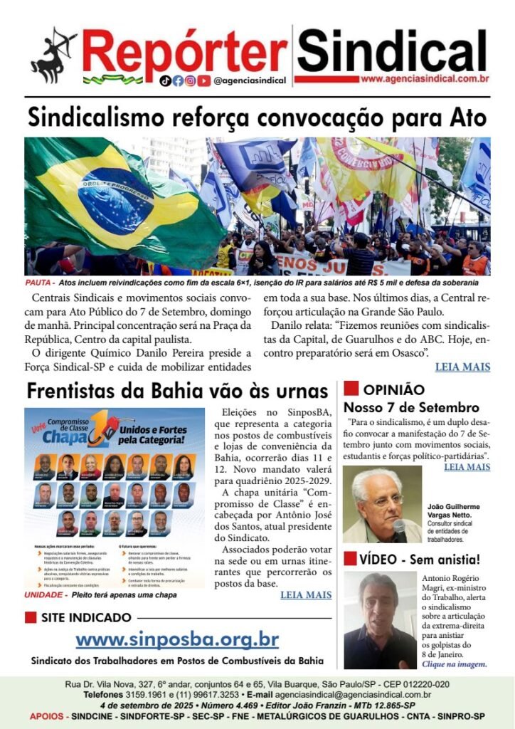 Capa do Repórter Sindical, edição 4.469: Sindicalismo reforça convocação para Ato
