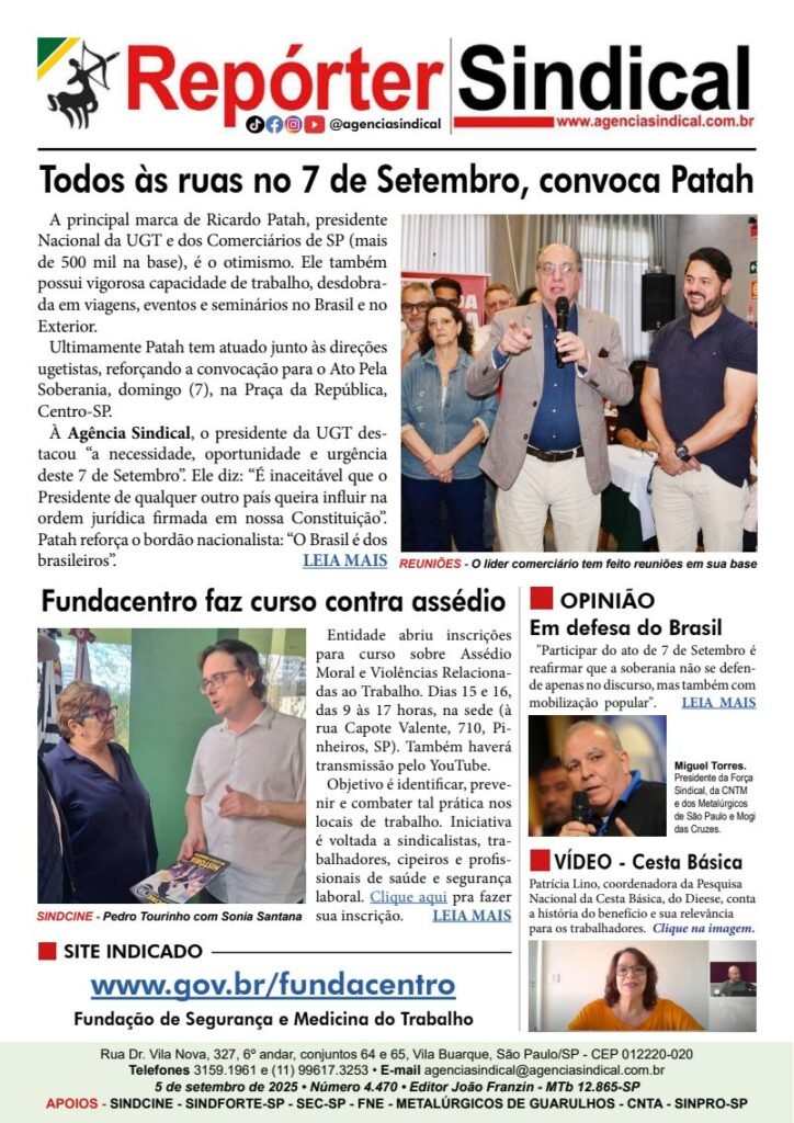 Capa do Repórter Sindical, edição 4.470: Todos às ruas no 7 de Setembro, convoca Patah