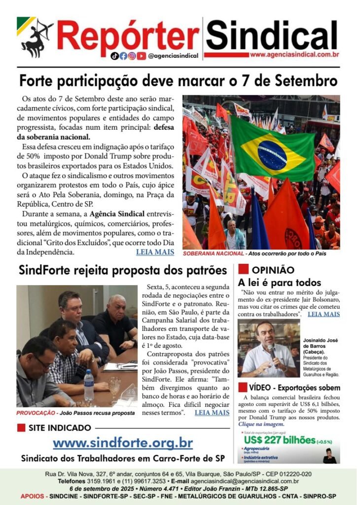 Capa do Repórter Sindical, edição 4.471: Forte participação deve marcar o 7 de Setembro