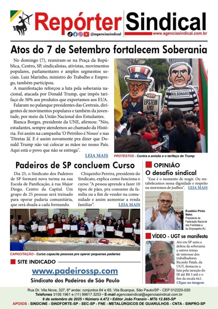 Capa do Repórter Sindical, edição 4.472: Atos do 7 de Setembro fortalecem Soberania