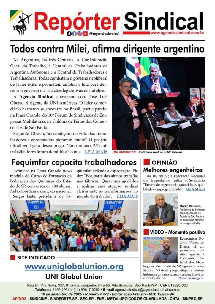 Capa do Repórter Sindical, edição 4.473: Todos contra Milei, afirma dirigente argentino