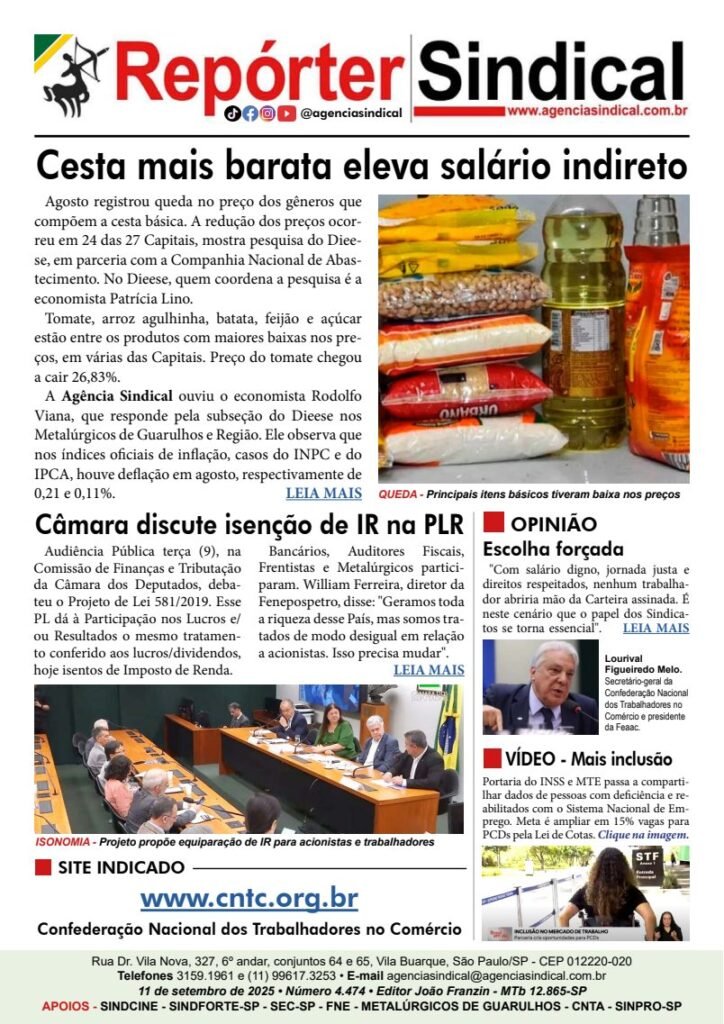 Capa do Repórter Sindical, edição 4.474: Cesta mais barata eleva salário indireto