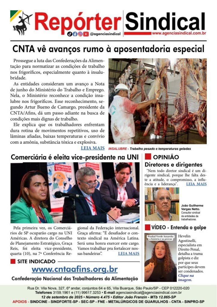 Capa do Repórter Sindical, edição 4.475: CNTA vê avanços rumo à aposentadoria especial