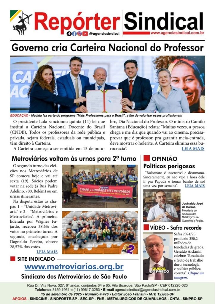 Capa do Repórter Sindical, edição 4.476: Governo cria Carteira Nacional do Professor