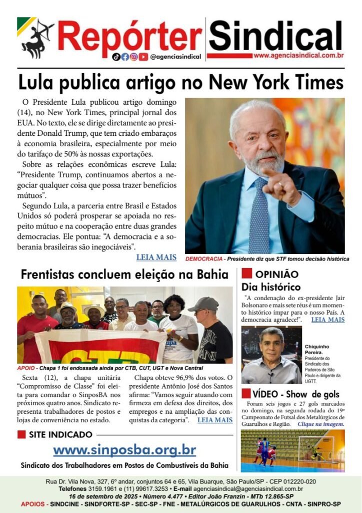 Capa do Repórter Sindical, edição 4.477: Lula publica artigo no New York Times
