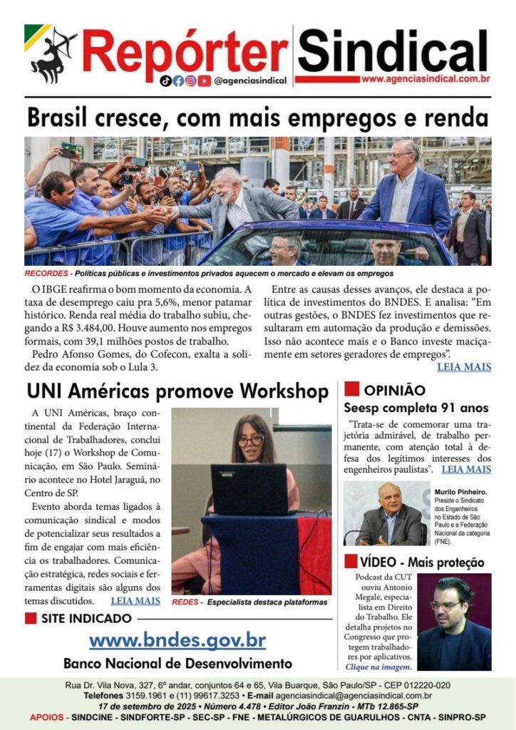 Capa do Repórter Sindical, edição 4.478: Brasil cresce, com mais empregos e renda
