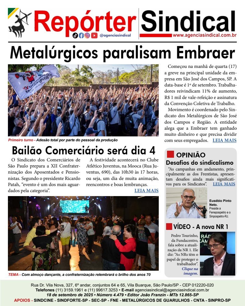 Capa do Repórter Sindical, edição 4.479: Metalúrgicos paralisam Embraer