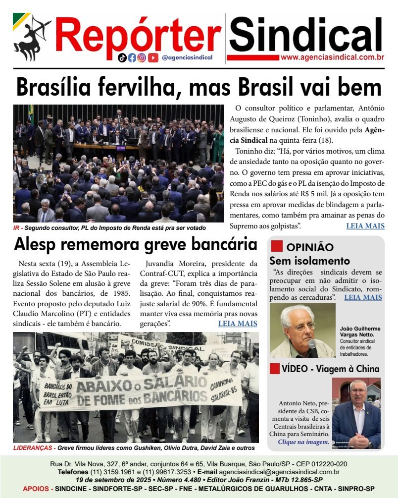Capa do Repórter Sindical, edição 4.480: Brasília fervilha, mas Brasil vai bem
