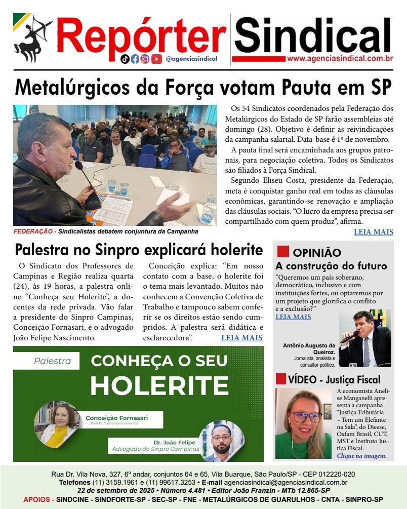 Capa do Repórter Sindical, edição 4.481: Metalúrgicos da Força votam Pauta em SP