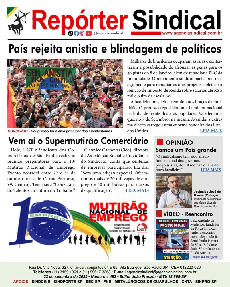 Capa do Repórter Sindical, edição 4.482: País rejeita anistia e blindagem de políticos