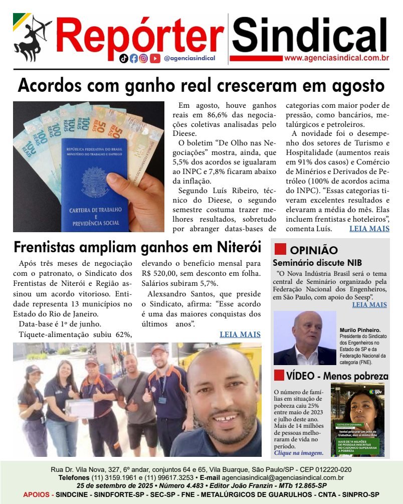 Capa do Repórter Sindical, edição 4.483: Acordos com ganho real cresceram em agosto
