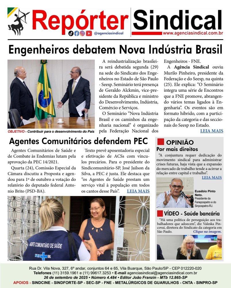 Capa do Repórter Sindical, edição 4.484: Engenheiros debatem Nova Indústria Brasil