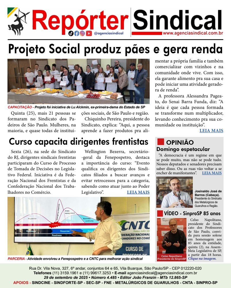 Capa do Repórter Sindical, edição 4.485: Projeto Social produz pães e gera renda