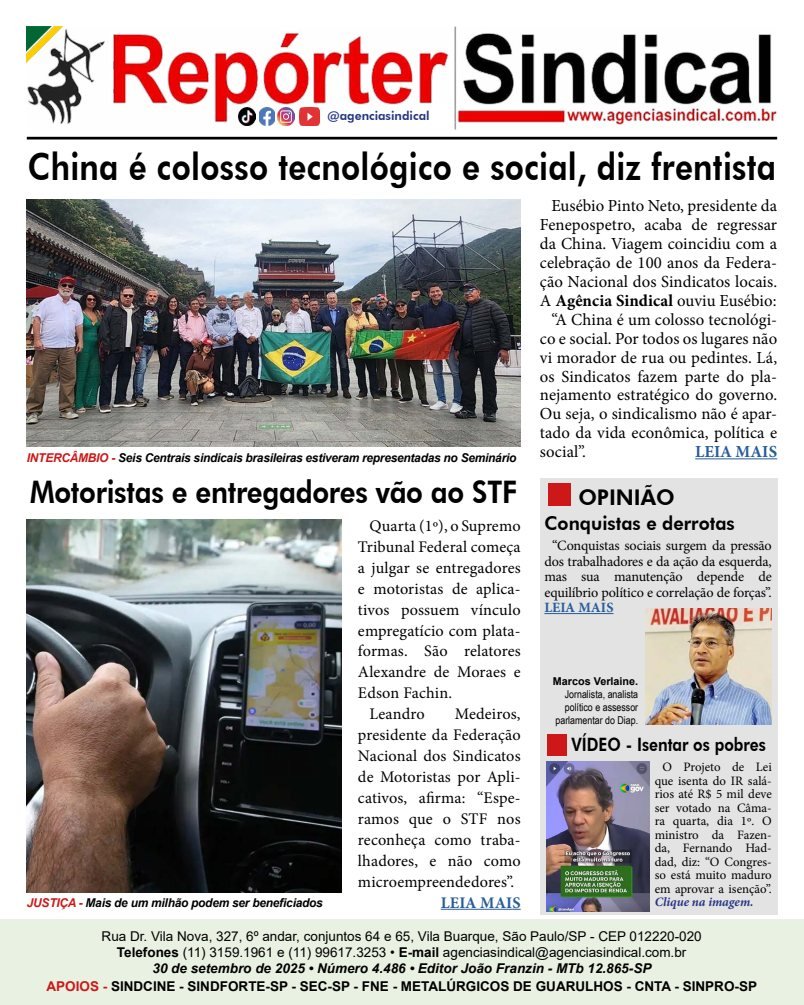 Capa do Repórter Sindical, edição 4.486: China é colosso tecnológico e social, diz frentista