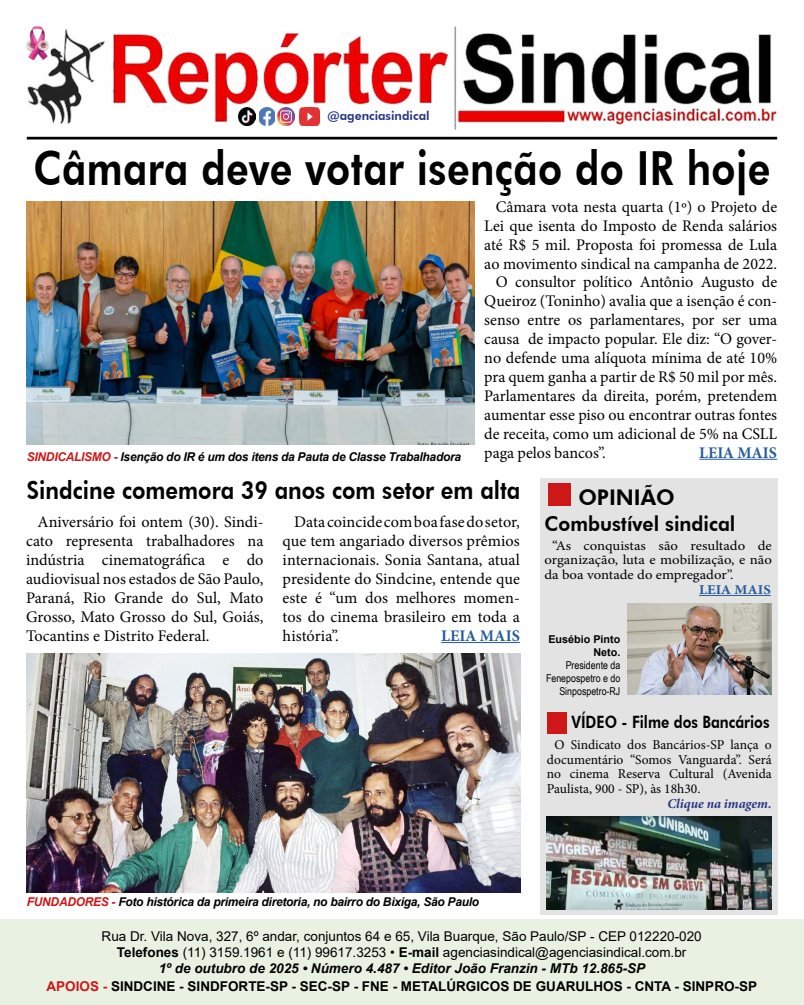 Capa do Repórter Sindical, edição 4.487: Câmara deve votar isenção do IR hoje