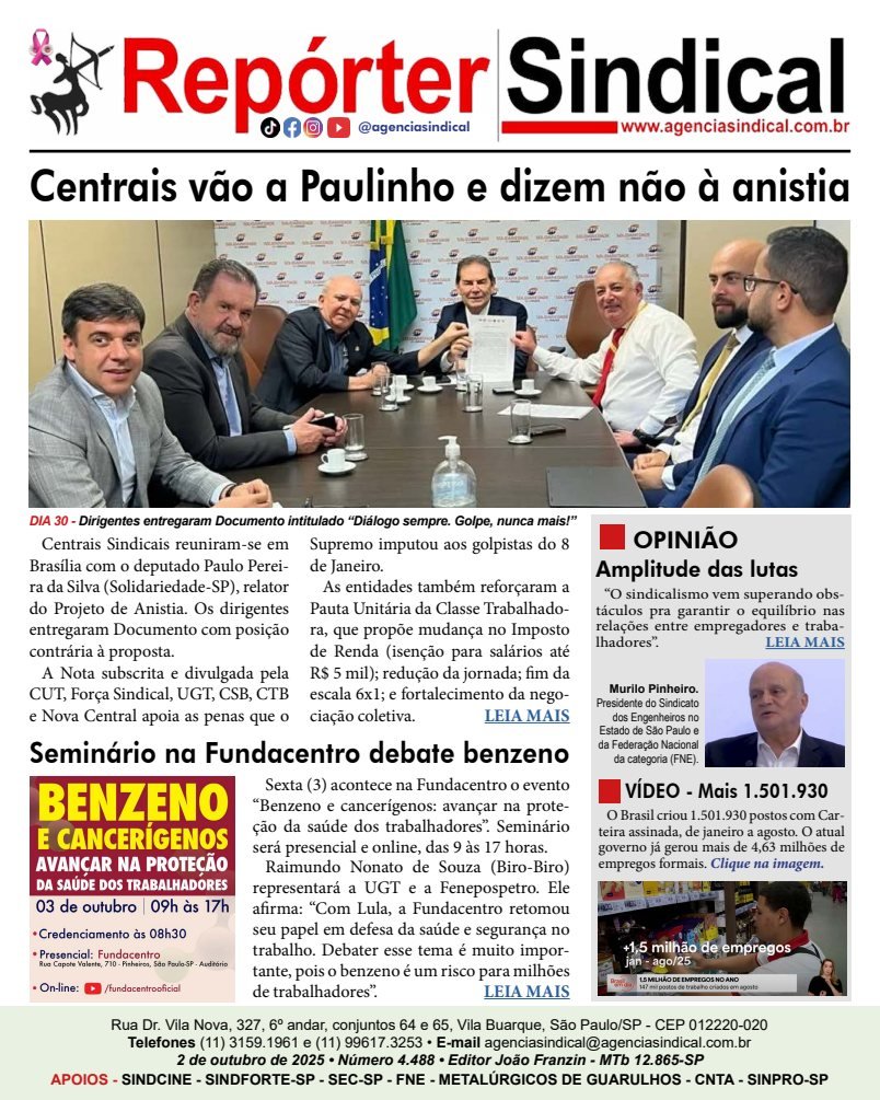 Capa do Repórter Sindical, edição 4.488: Centrais vão a Paulinho e dizem não à anistia