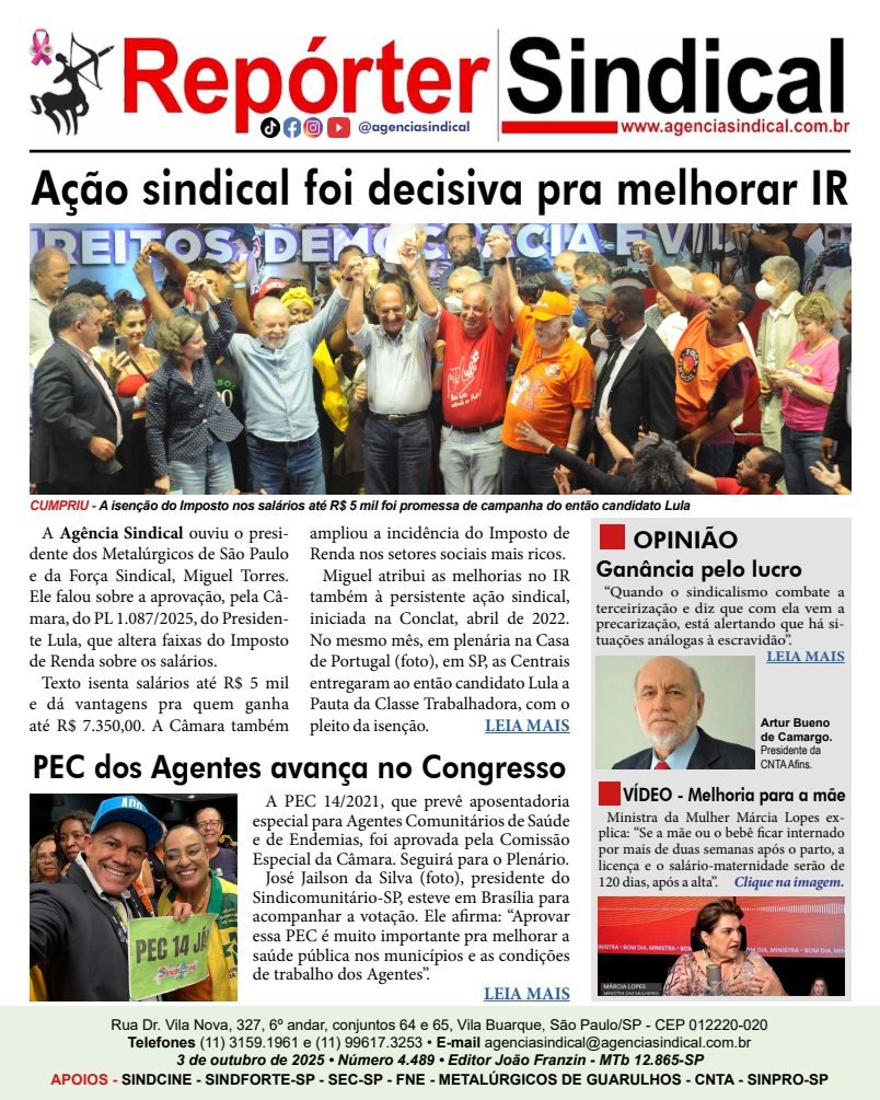 Capa do Repórter Sindical, edição 4.489: Ação sindical foi decisiva pra melhorar IR