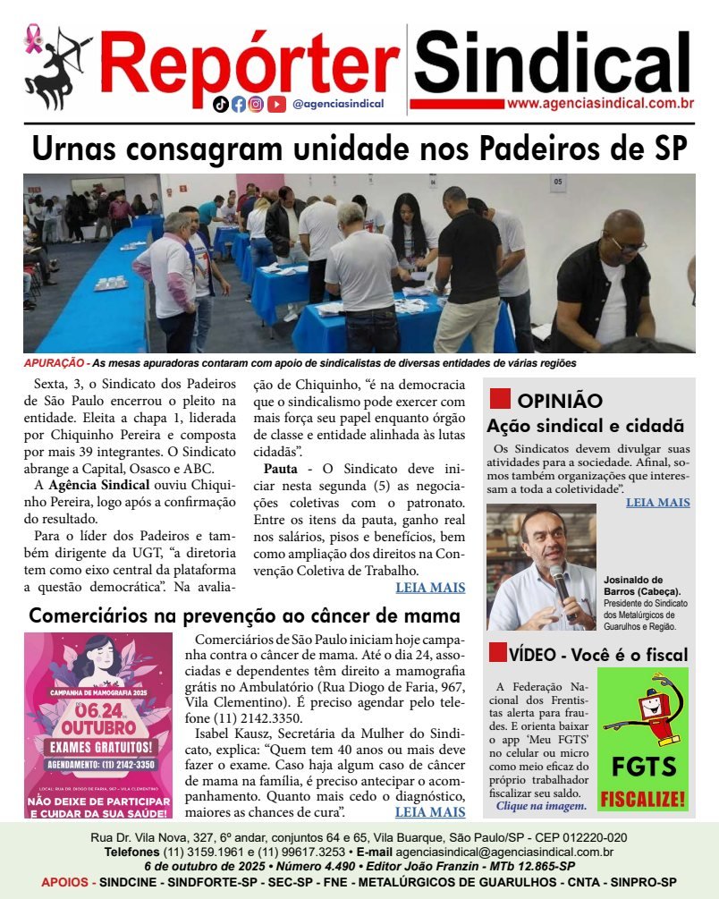 Capa do Repórter Sindical, edição 4.490: Urnas consagram unidade nos Padeiros de SP