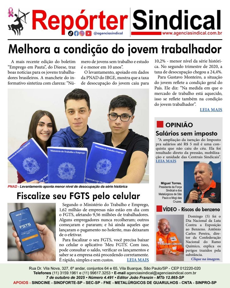 Capa do Repórter Sindical, edição 4.491: Melhora a condição do jovem trabalhador