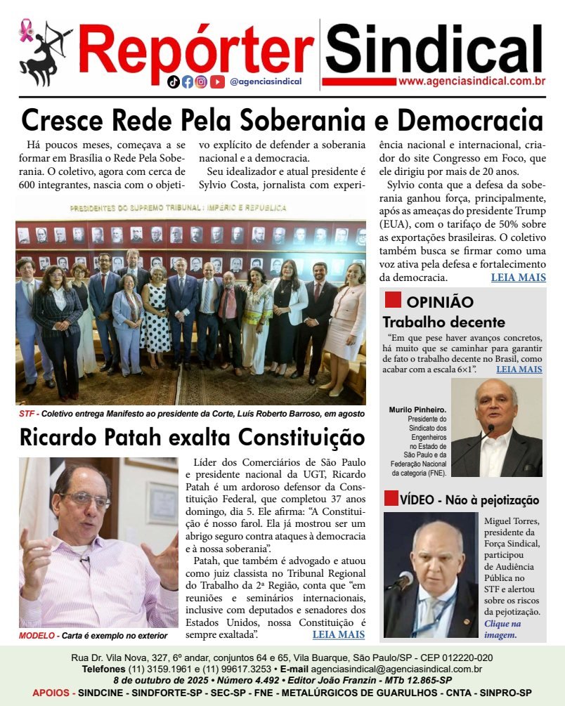 Capa do Repórter Sindical, edição 4.492: Cresce Rede Pela Soberania e Democracia