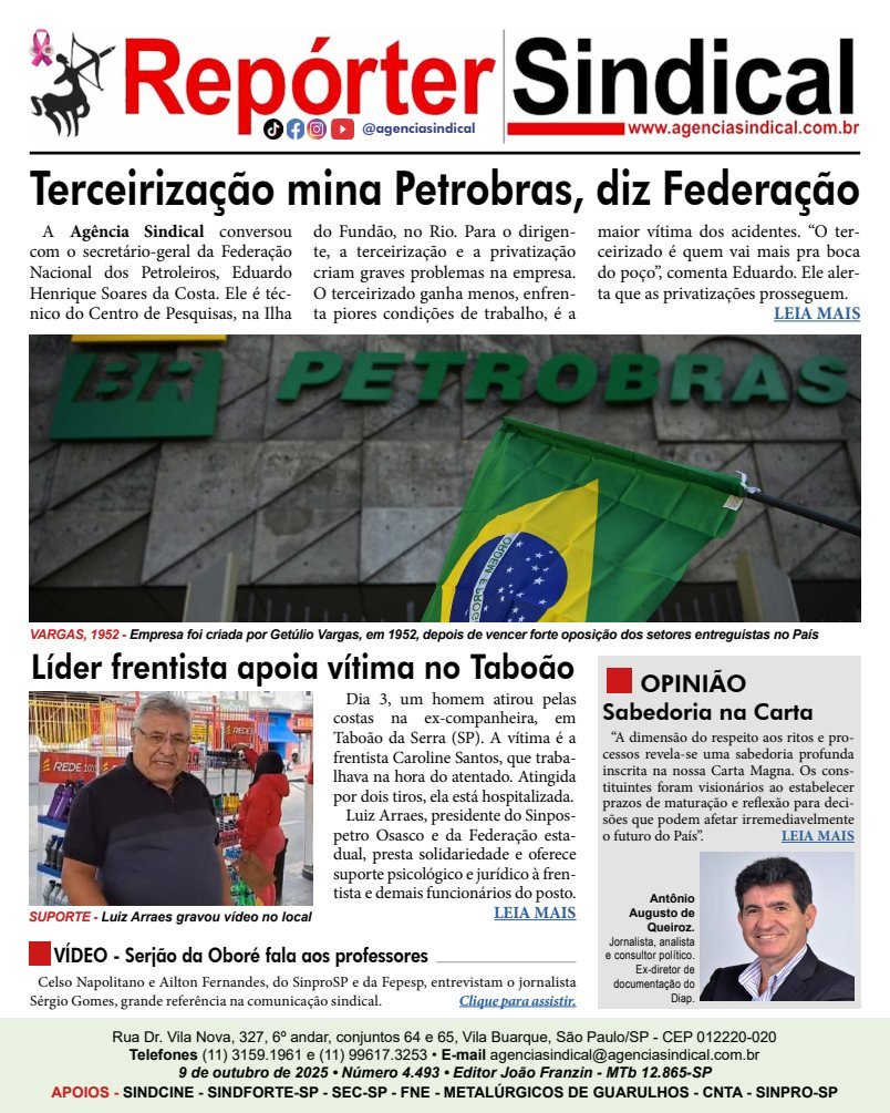 Capa do Repórter Sindical, edição 4.493: Terceirização mina Petrobras, diz Federação
