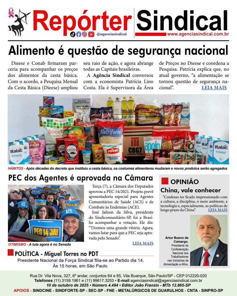 Capa do Repórter Sindical, edição 4.494: Alimento é questão de segurança nacional