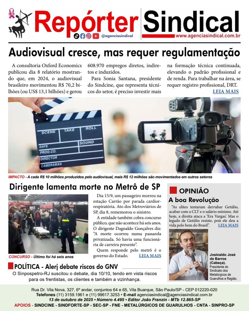 Capa do Repórter Sindical, edição 4.495: Audiovisual cresce, mas requer regulamentação