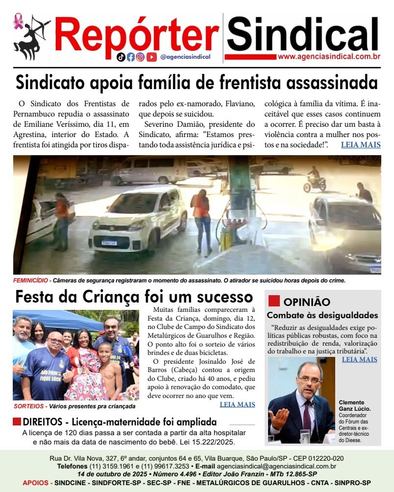 Capa do Repórter Sindical, edição 4.496: Sindicato apoia família de frentista assassinada