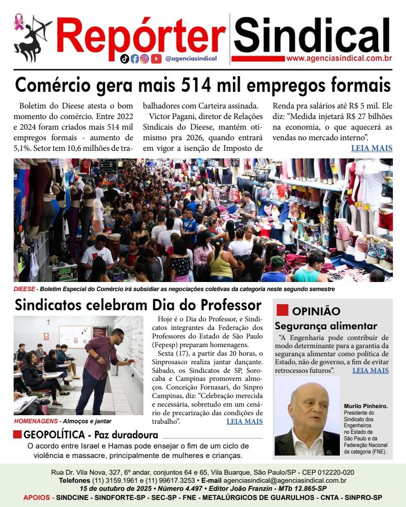 Capa do Repórter Sindical, edição 4.497: Comércio gera mais 514 mil empregos formais