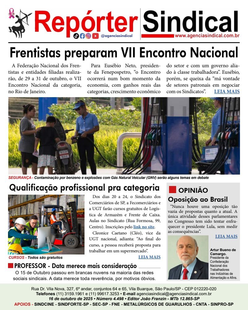 Capa do Repórter Sindical, edição 4.498: Frentistas preparam VII Encontro Nacional