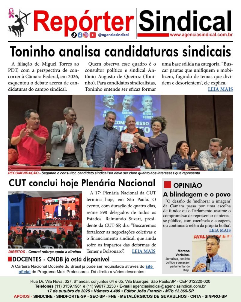Capa do Repórter Sindical, edição 4.499: Toninho analisa candidaturas sindicais