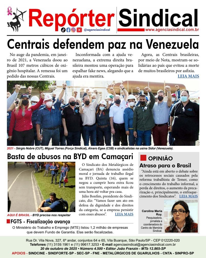 Capa do Repórter Sindical, edição 4.500: Centrais defendem paz na Venezuela